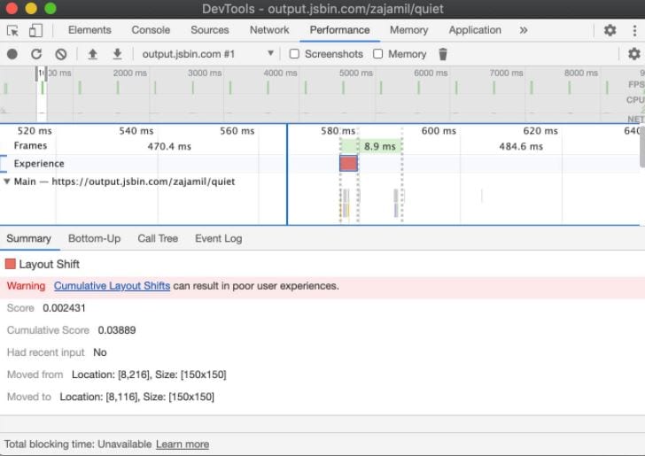 CLS in chrome devtools